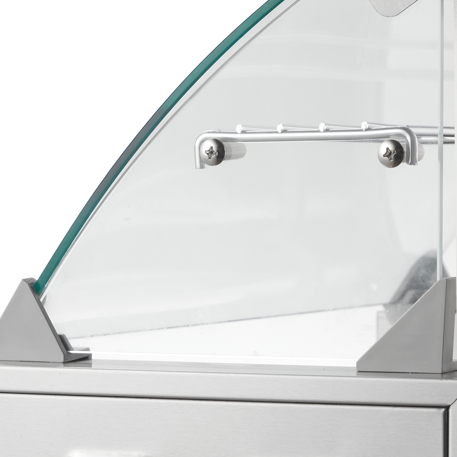 VEVOR hot dog roller with a stainless steel base and curved glass shield close-up.
