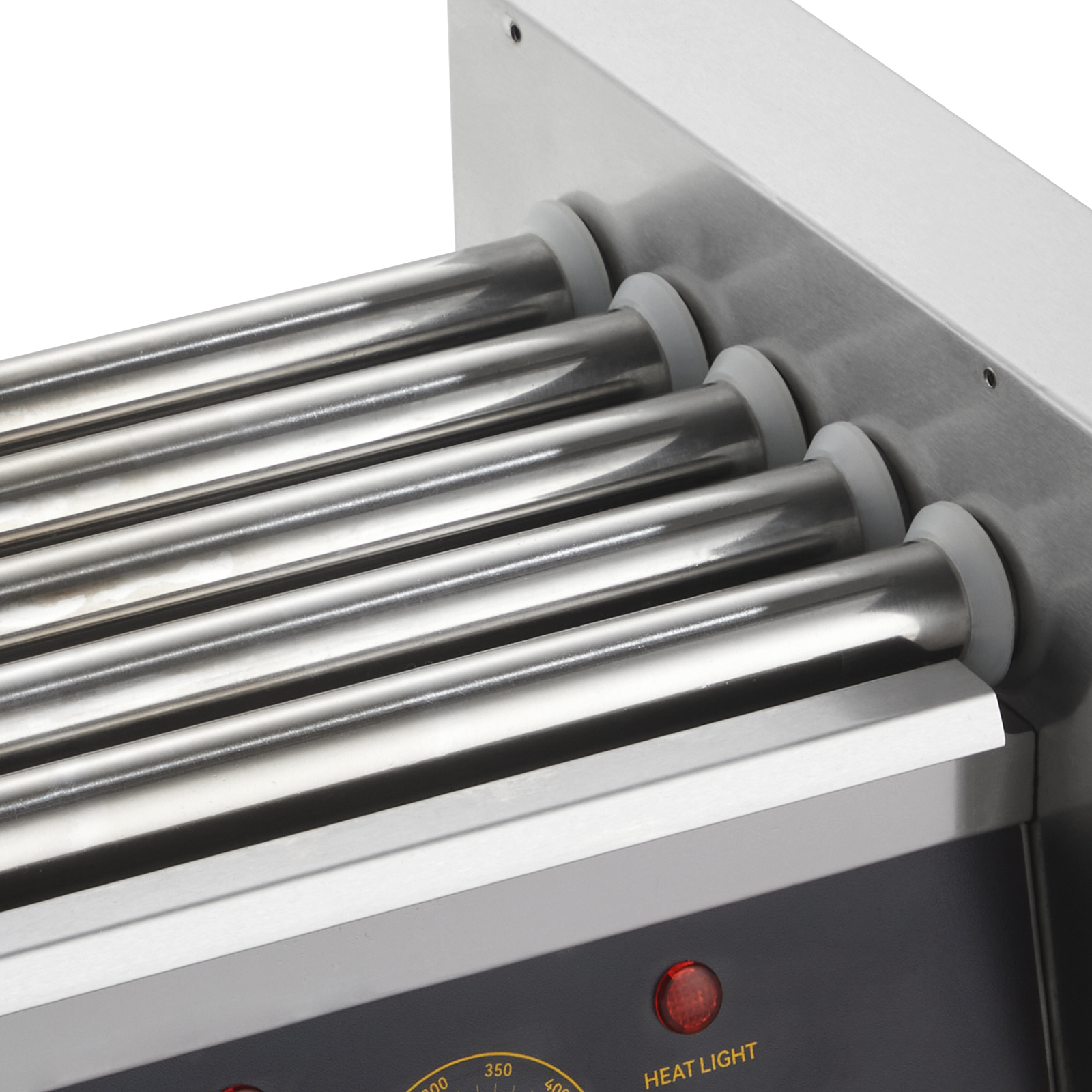 VEVOR hot dog roller with seven stainless steel rollers and control panel buttons.