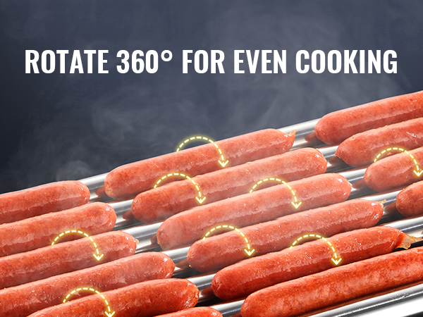 VEVOR hotdogu rullītis ar vairākiem hotdogiem, kas rotē par 360° vienmērīgai cepšanai.