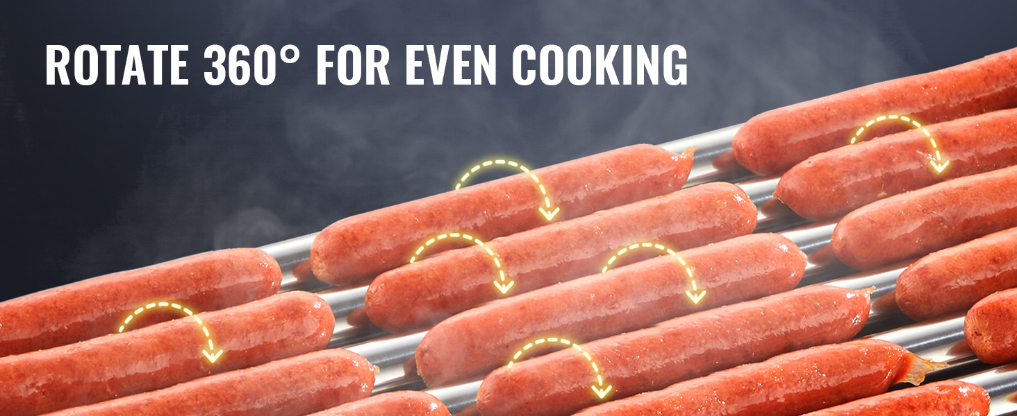 VEVOR hotdogu rullītis ar vairākiem hotdogiem, kas rotē par 360° vienmērīgai cepšanai.