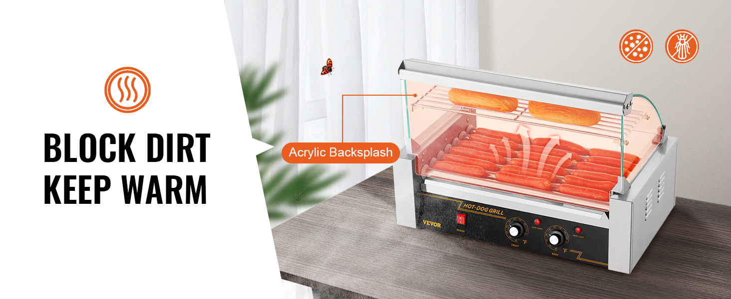 VEVOR hotdogu rullītis ar akrila aizkaru, kas uztur hotdogus siltus un bloķē netīrumus.