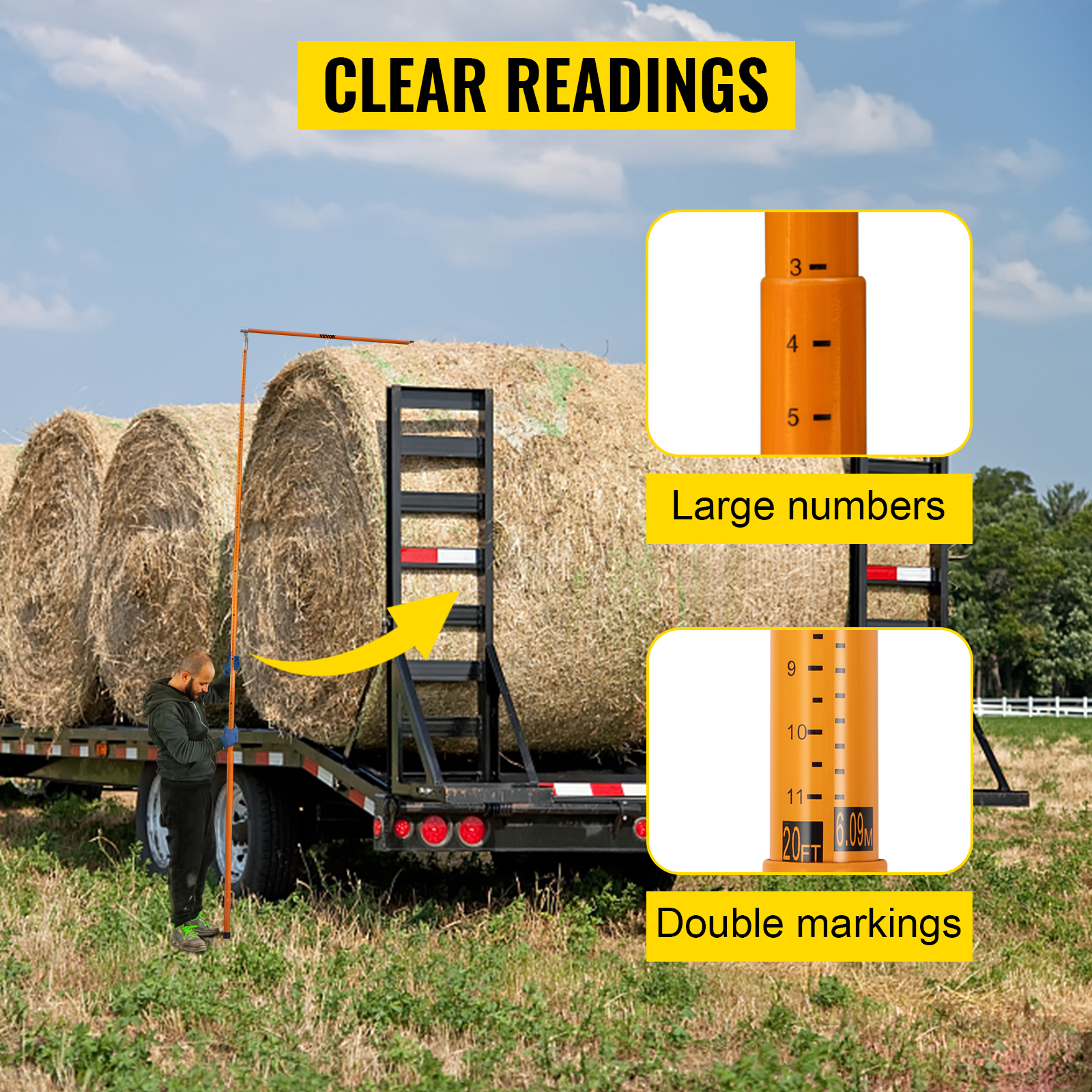 VEVOR load height measuring stick in use near a trailer loaded with hay bales, showing clear readings.