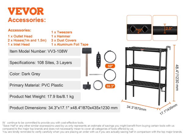 VEVOR hydroponics system: 3-tier dark grey pvc shelves, 108 sites, 34.3"x17.1"x48.4". includes accessories.