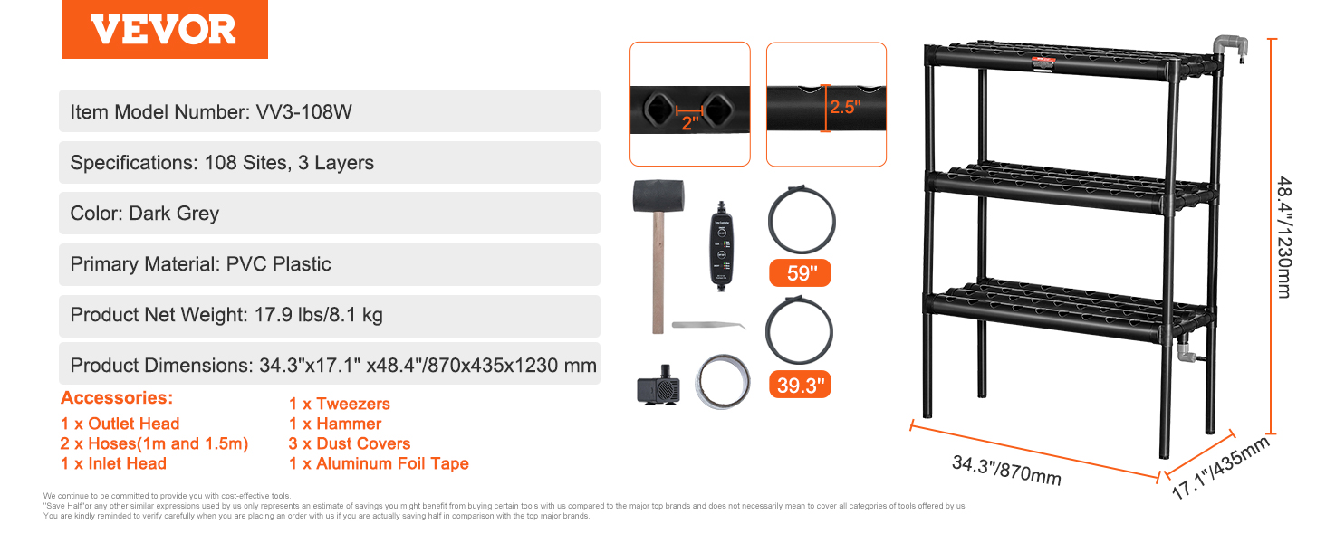 VEVOR hydroponics system: 3-tier dark grey pvc shelves, 108 sites, 34.3"x17.1"x48.4". includes accessories.