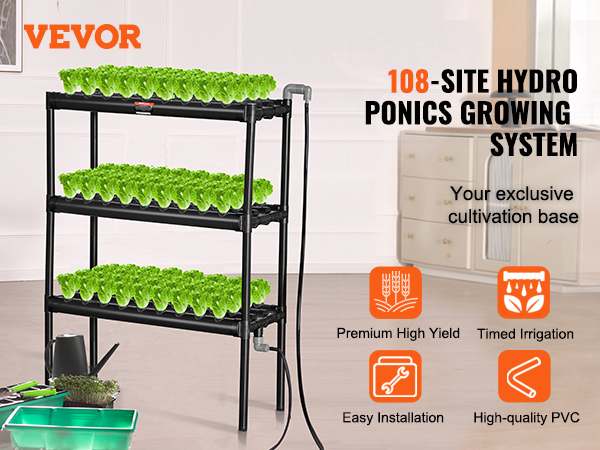 VEVOR hydroponics system with 108-site growing setup, showcasing easy installation and premium yield.