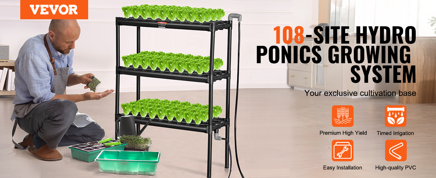 VEVOR hydroponics system with 108-site growing setup, showcasing easy installation and premium yield.