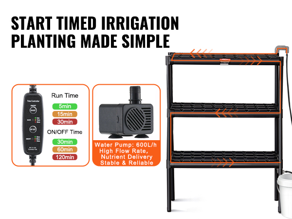 VEVOR hydroponics system with timer, water pump, and shelfing for effortless timed irrigation.