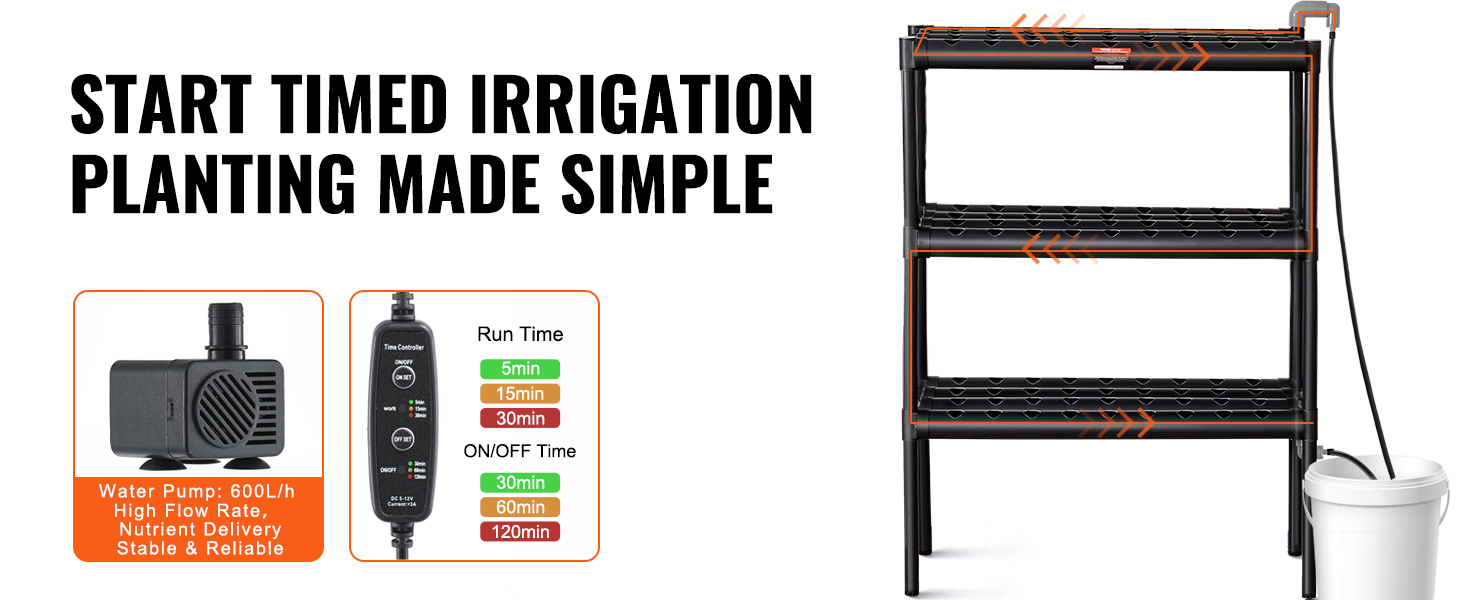 VEVOR hydroponics system with timer, water pump, and shelfing for effortless timed irrigation.