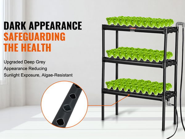 VEVOR hydroponics system with dark, algae-resistant structure and vibrant green plants on three shelves.