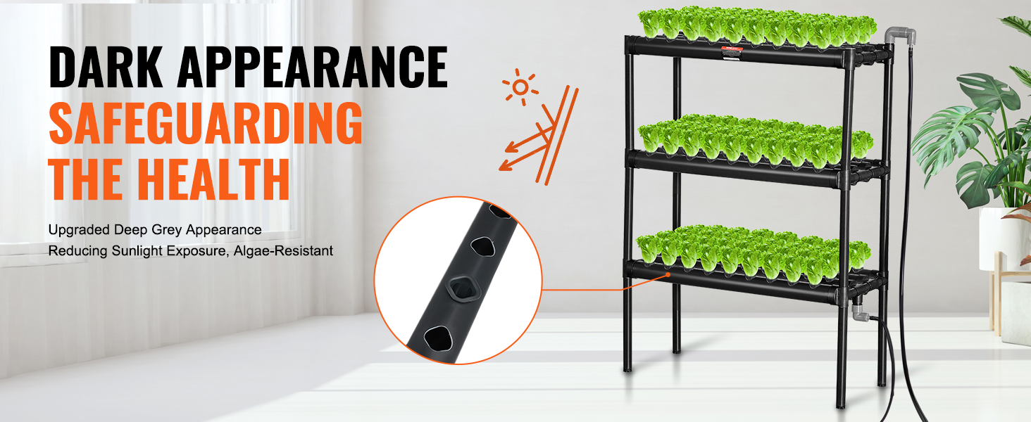 VEVOR hydroponics system with dark, algae-resistant structure and vibrant green plants on three shelves.