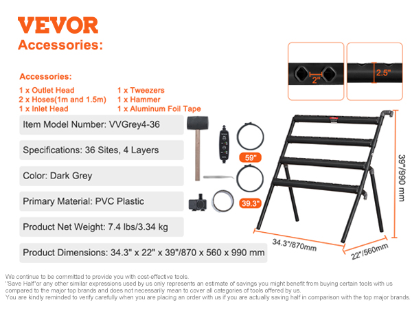 VEVOR hydroponics system with 36 sites, 4 layers, dark grey pvc frame, and complete accessory kit.