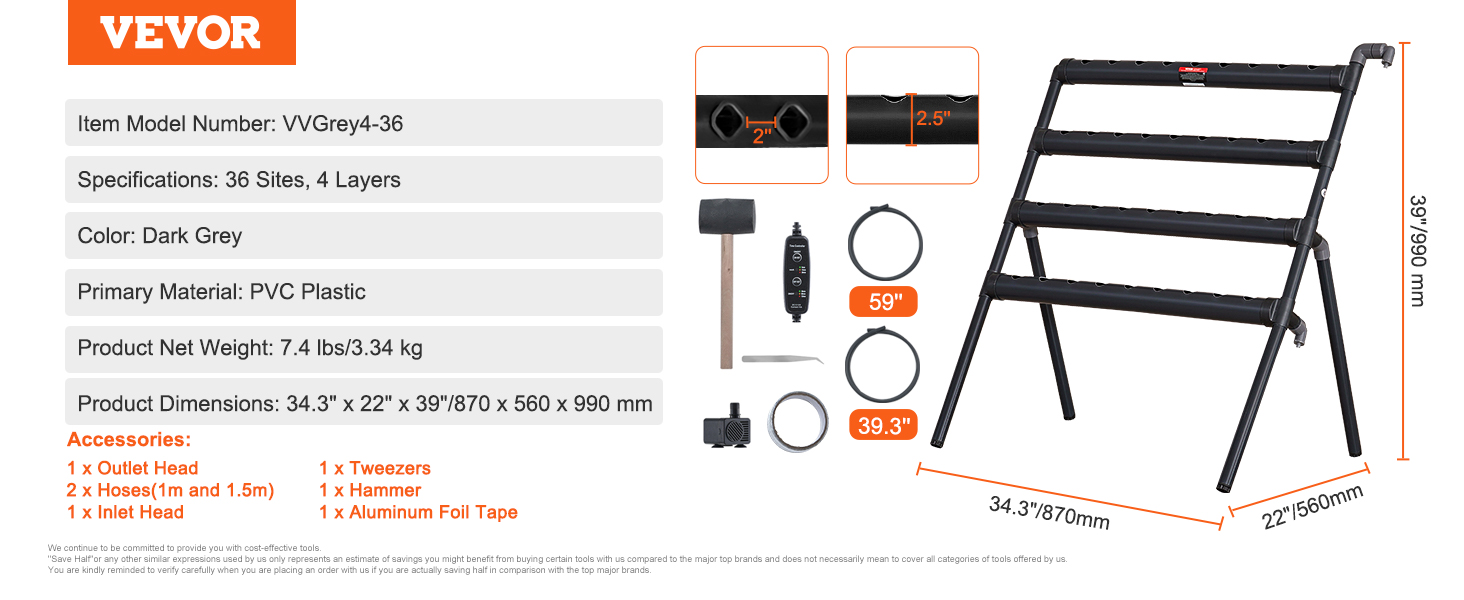 VEVOR hydroponics system with 36 sites, 4 layers, dark grey pvc frame, and complete accessory kit.