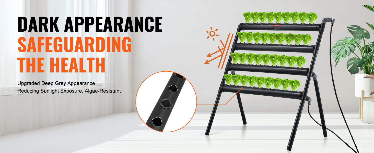 VEVOR hydroponics system with dark grey design, reducing sunlight exposure, featuring green plants.