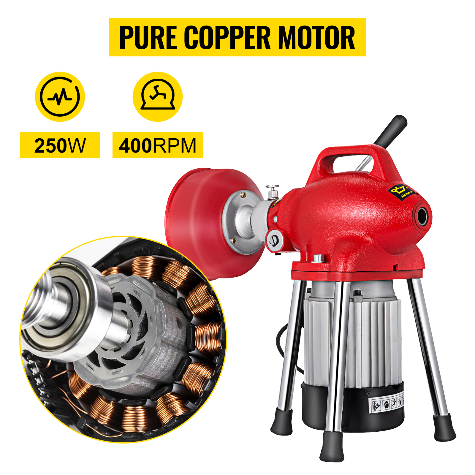 VEVOR drenāžas tīrītājs ar 250 W tīra vara motoru, 400 apgr./min ātrumu un izturīgu dizainu.