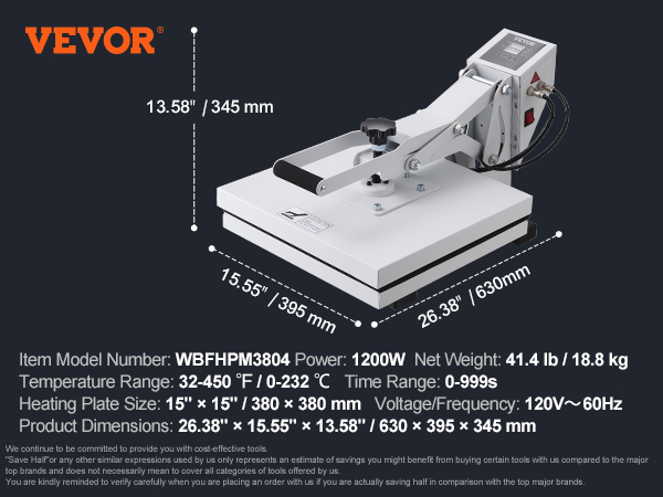 VEVOR heat press machine with 1200w power and a 15"x15" heating plate.