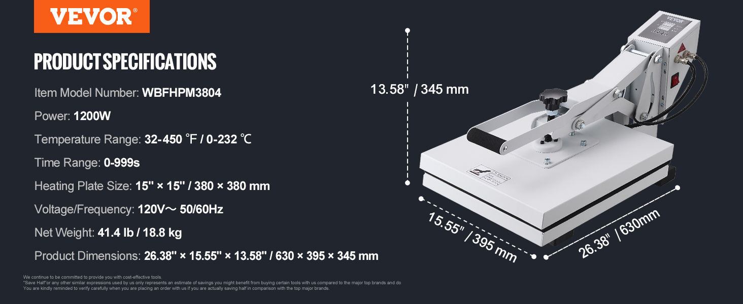 VEVOR heat press machine with 1200w power and a 15"x15" heating plate.