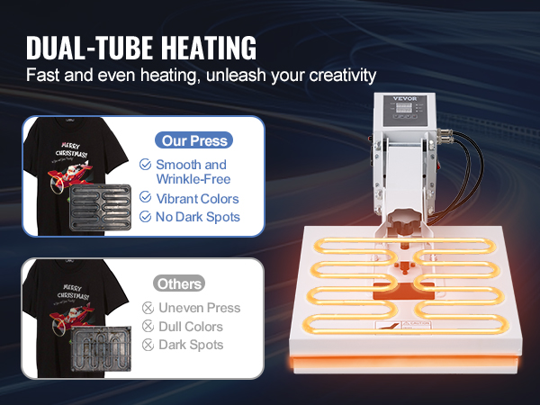 VEVOR heat press machine with dual-tube heating and smooth, vibrant print results.