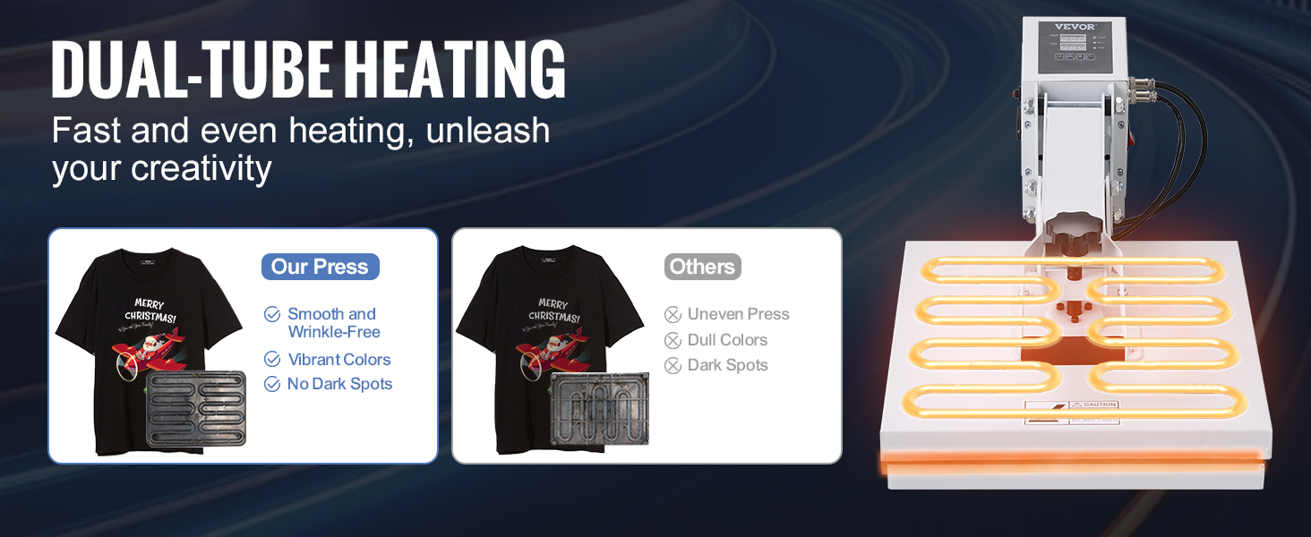VEVOR heat press machine with dual-tube heating and smooth, vibrant print results.