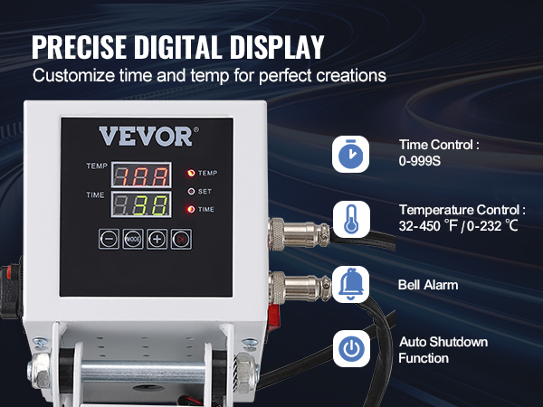 VEVOR heat press machine with precise digital display, time, and temp controls.