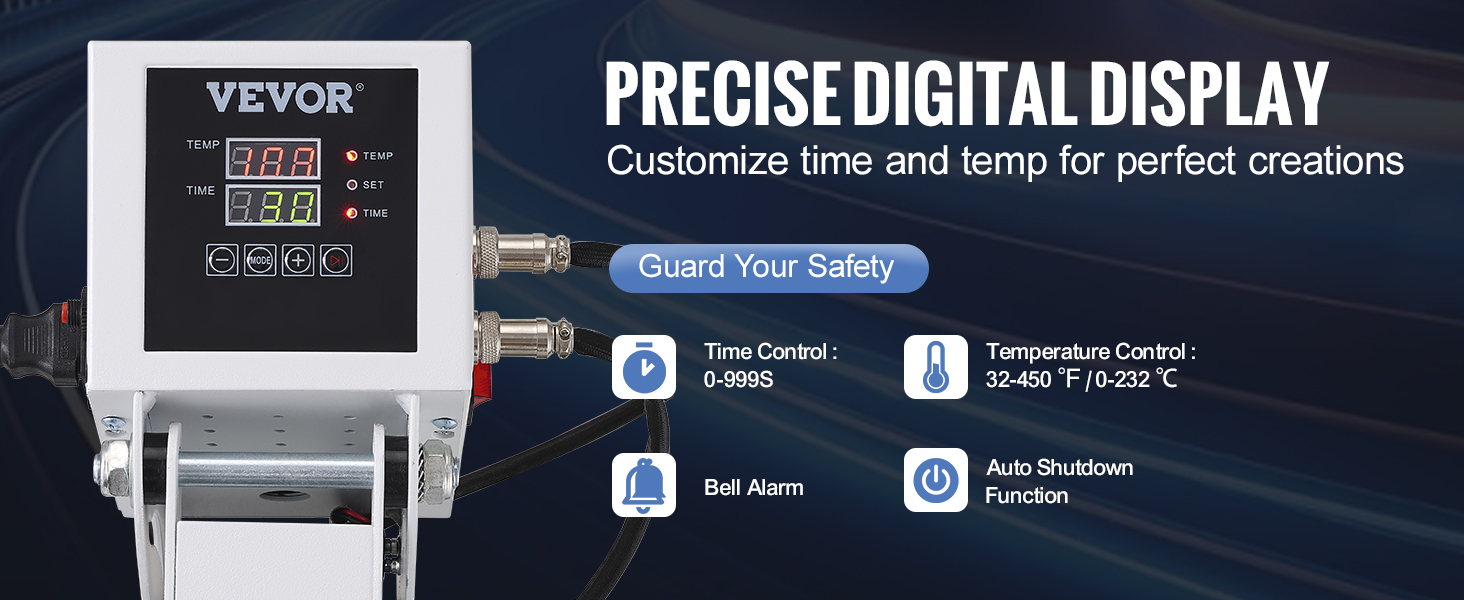 VEVOR heat press machine with precise digital display, time, and temp controls.