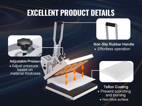 VEVOR heat press machine with adjustable pressure, non-slip handle, and teflon coating.