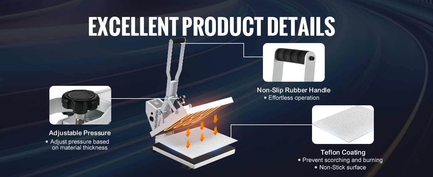 VEVOR heat press machine with adjustable pressure, non-slip handle, and teflon coating.