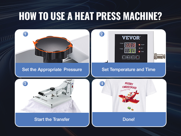 steps to use VEVOR heat press machine: set pressure, temp, start transfer, done!