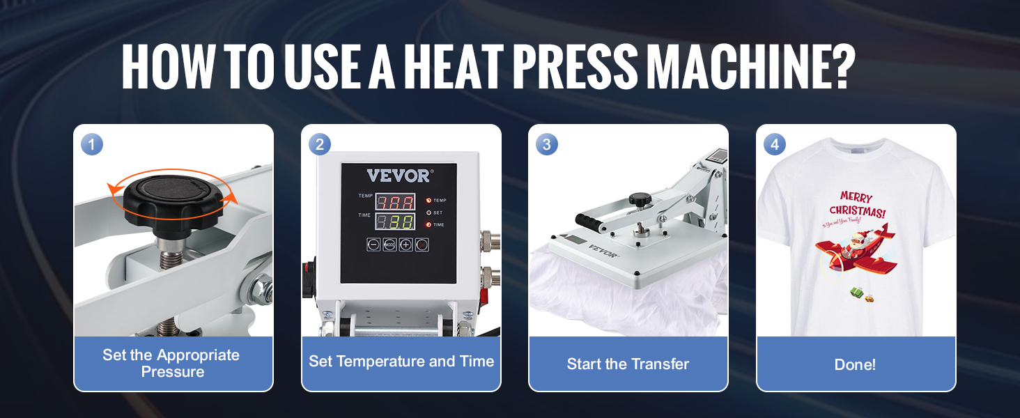 steps to use VEVOR heat press machine: set pressure, temp, start transfer, done!