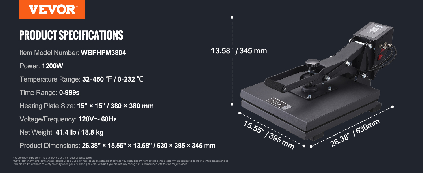 VEVOR heat press with 15"x15" heating plate, 1200w power, and dimensions 26.38"x15.55".