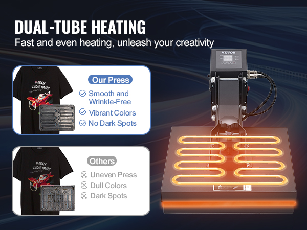 VEVOR heat press with dual-tube heating ensures smooth, vibrant, wrinkle-free prints.