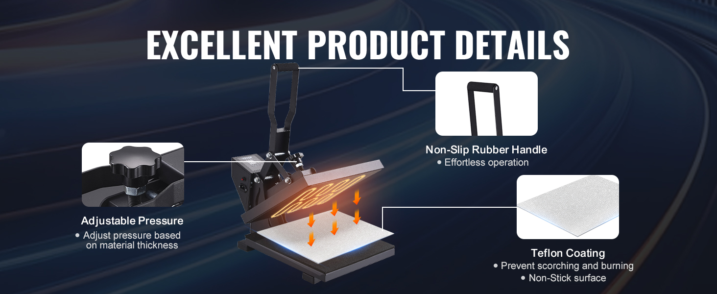 VEVOR heat press with adjustable pressure, non-slip rubber handle, and teflon coating.