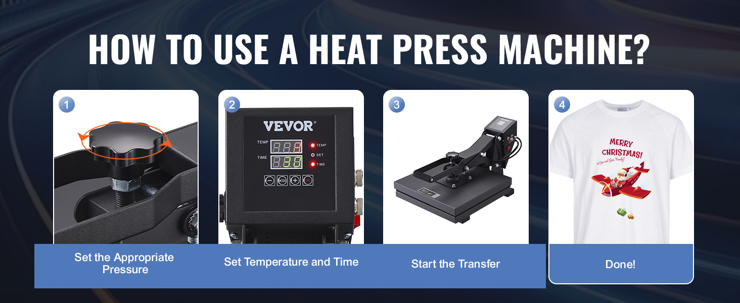 VEVOR heat press steps: set pressure, set temp/time, start transfer, done!