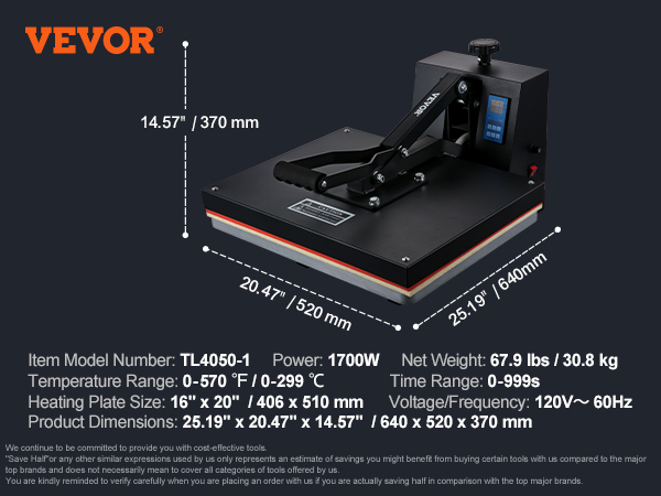 VEVOR heat press machine tl4050-1, 1700w, 16"x20" heating plate, 0-570°f, 120v, 67.9 lbs, 25.19"x20.47"x14.57".