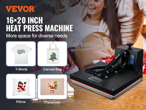 VEVOR heat press machine, ideal for canvas bags, t-shirts, pillows, and placemats, with ample workspace.