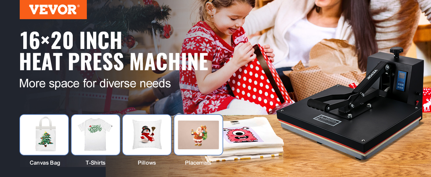 VEVOR heat press machine, ideal for canvas bags, t-shirts, pillows, and placemats, with ample workspace.