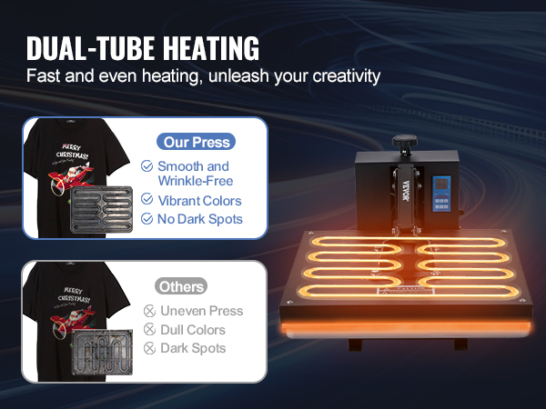 VEVOR heat press machine with dual-tube heating for smooth, vibrant, and wrinkle-free prints.