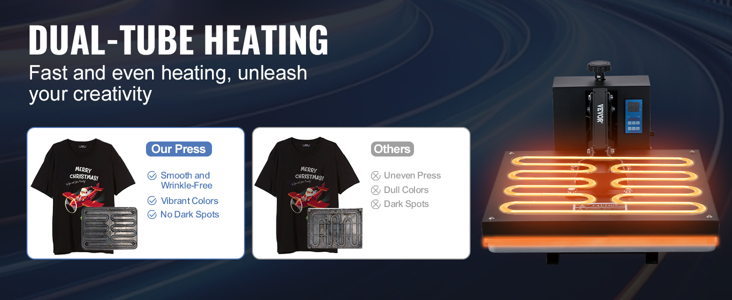 VEVOR heat press machine with dual-tube heating for smooth, vibrant, and wrinkle-free prints.