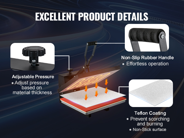 VEVOR heat press machine with adjustable pressure, non-slip rubber handle, and teflon coating.