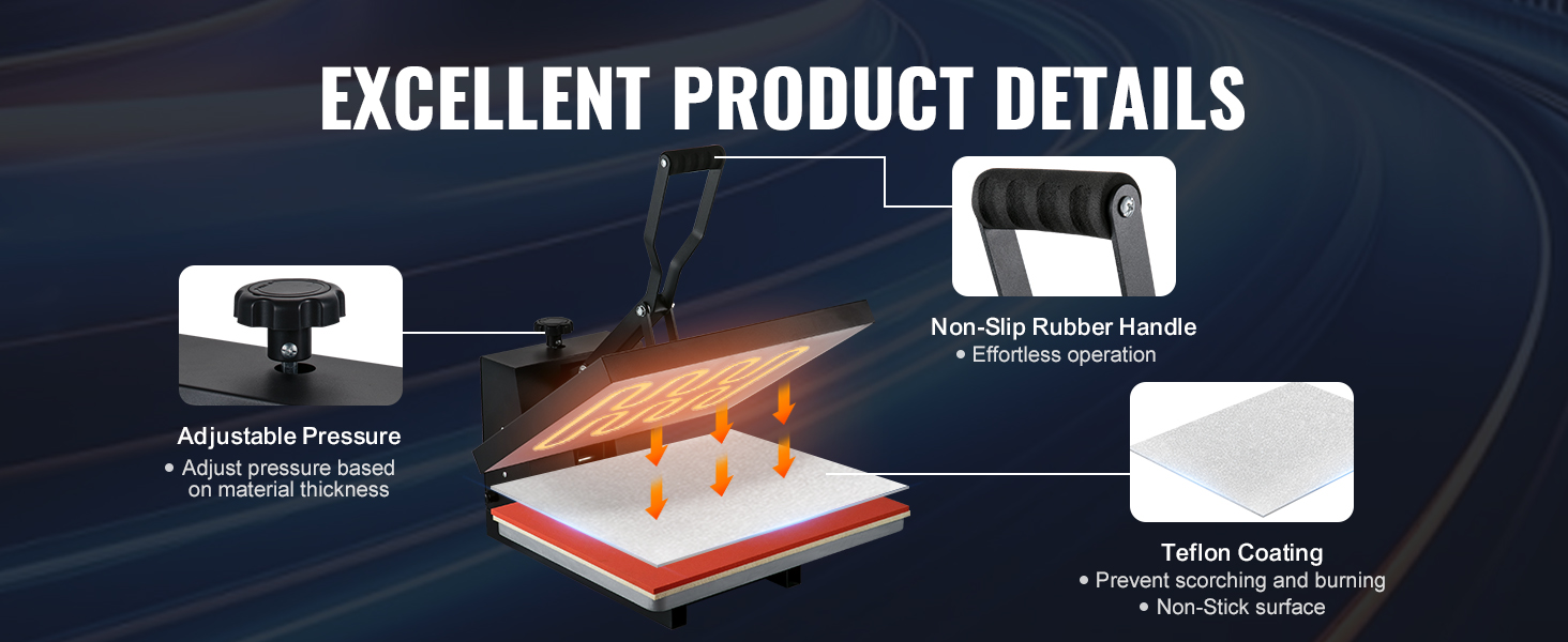VEVOR heat press machine with adjustable pressure, non-slip rubber handle, and teflon coating.