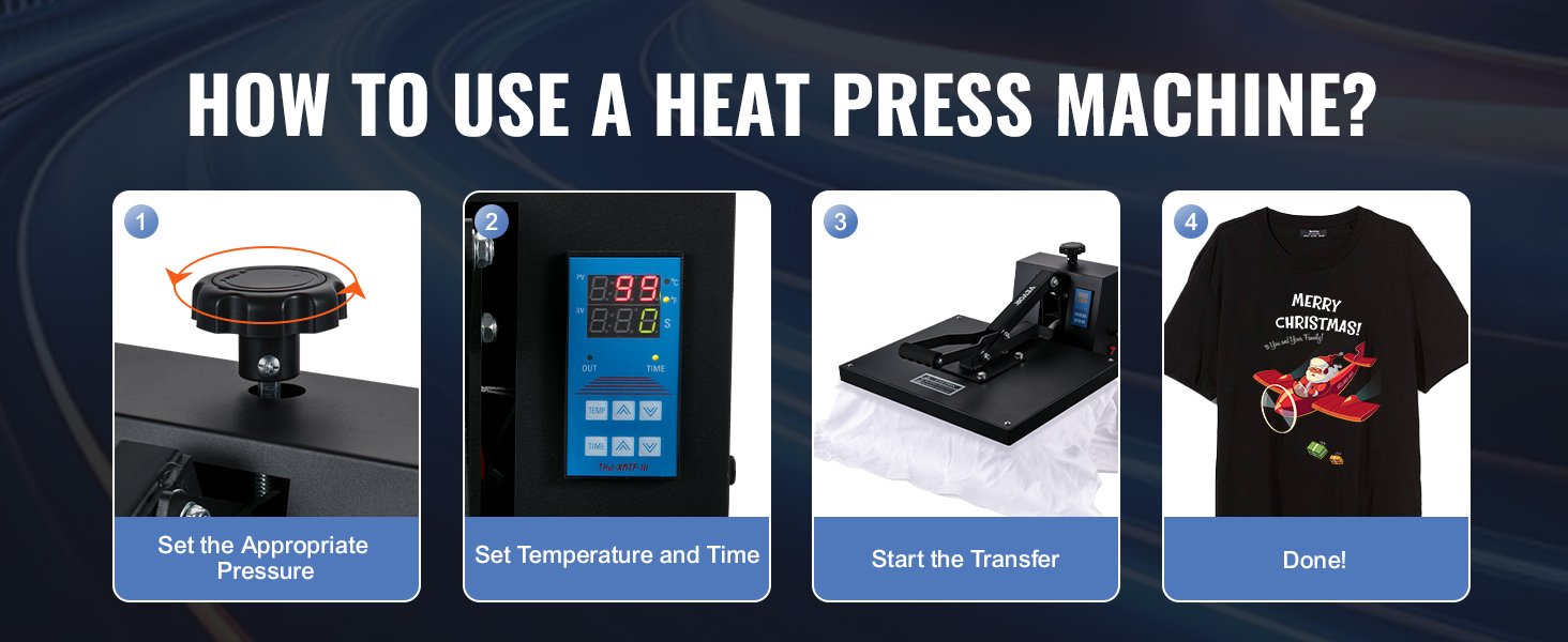 how to use VEVOR heat press machine: set pressure, temperature, start transfer, finished shirt with design.