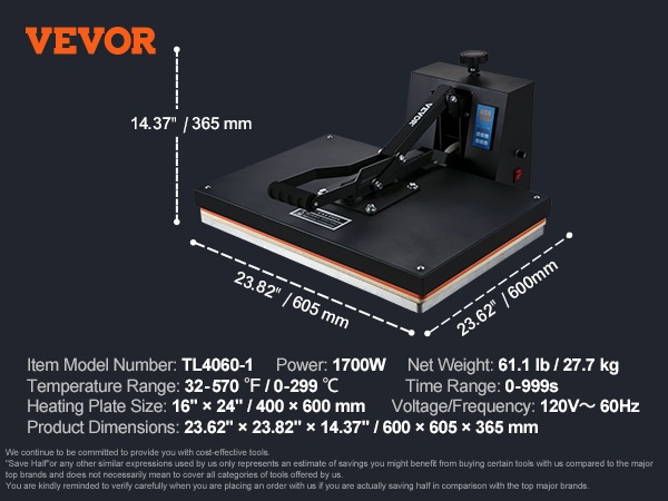 VEVOR heat press machine tl4060-1, 1700w, temperature range 32-570°f, 16"x24" heating plate.