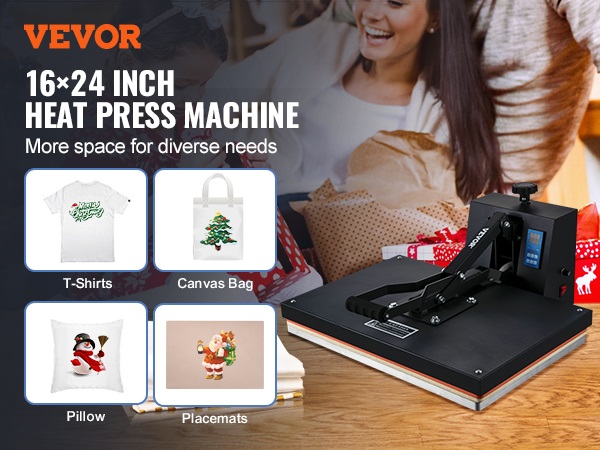 VEVOR heat press machine 16x24 inch for canvas bags, t-shirts, pillows, and placemats.