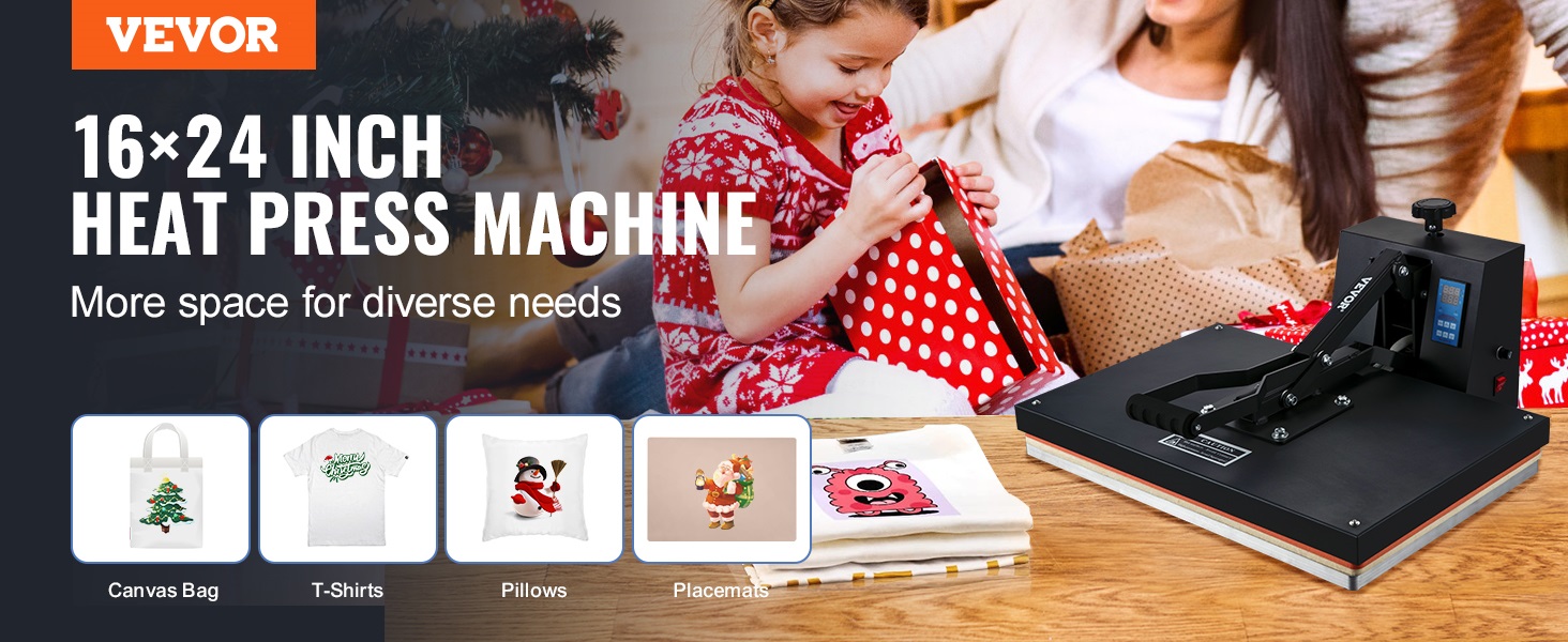 VEVOR heat press machine 16x24 inch for canvas bags, t-shirts, pillows, and placemats.