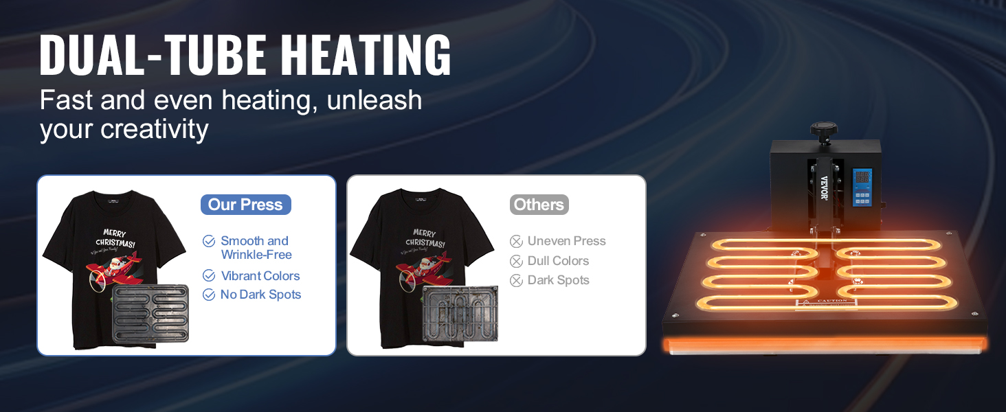 VEVOR heat press machine with dual-tube heating. smooth, vibrant prints without dark spots.