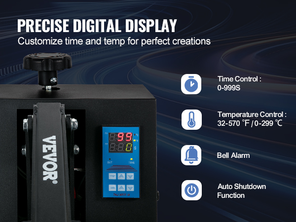 VEVOR heat press machine with precise digital display, customizable time/temp, safety features.