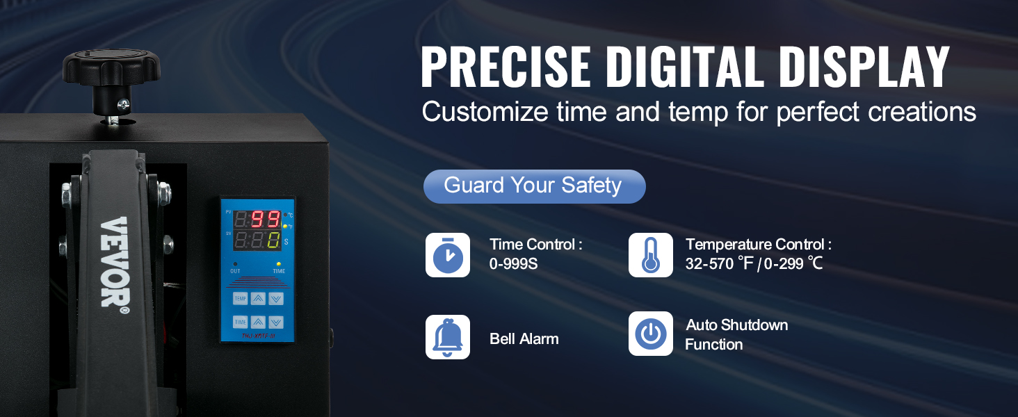 VEVOR heat press machine with precise digital display, customizable time/temp, safety features.