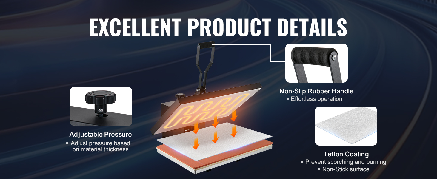 excellent product details of the VEVOR heat press machine, featuring adjustable pressure and teflon coating.