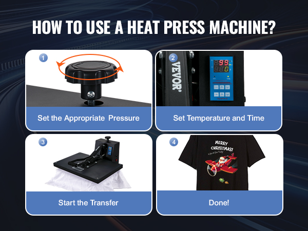 how to use a VEVOR heat press machine: set pressure, set temperature and time, start transfer, done!