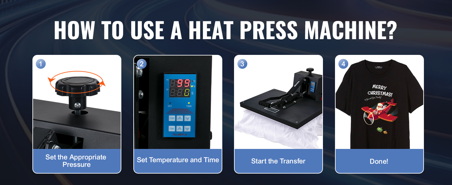 how to use a VEVOR heat press machine: set pressure, set temperature and time, start transfer, done!