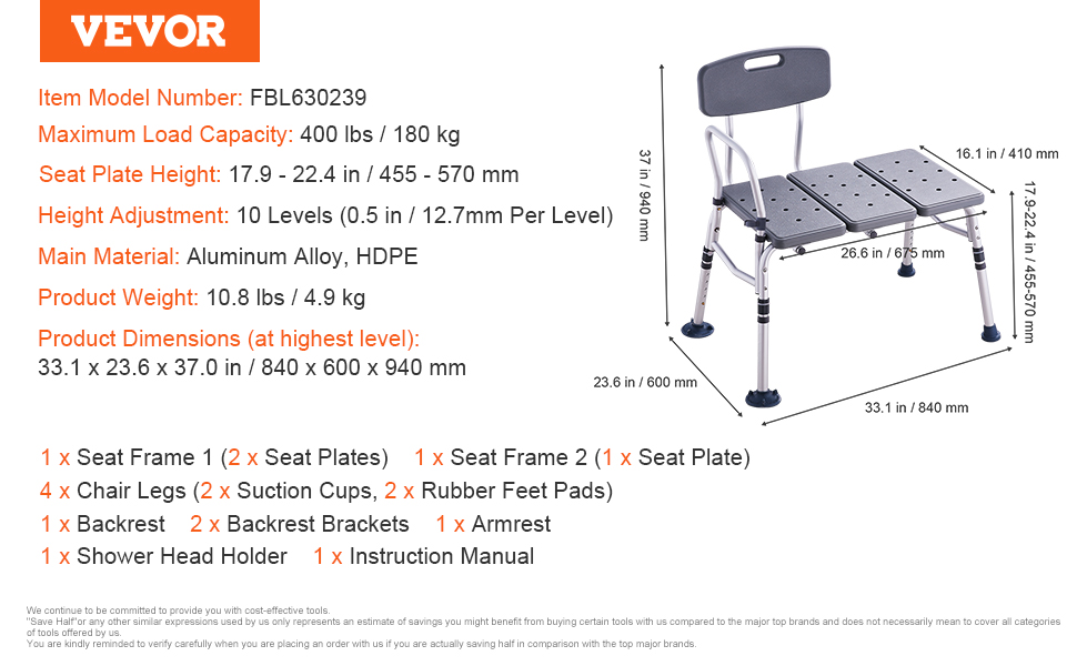 VEVOR tub transfer bench, 400lb capacity, aluminum alloy, seat height 17.9-22.4in, 33.1x23.6x37.0in dimensions.